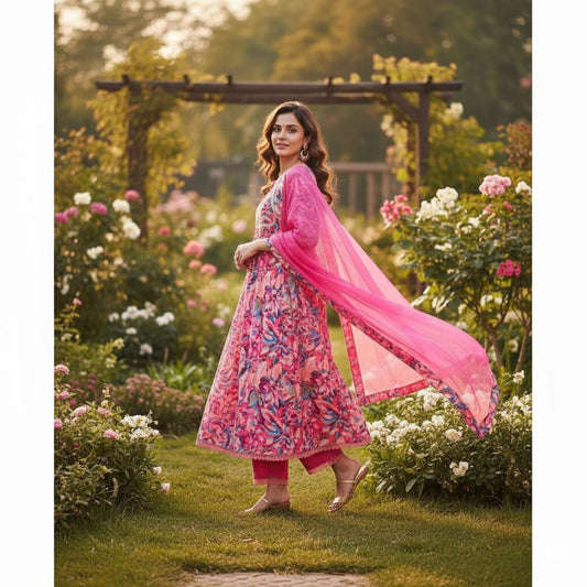 Multicoloured Printed Anarkali Gown Set with Dupatta (KK-39)