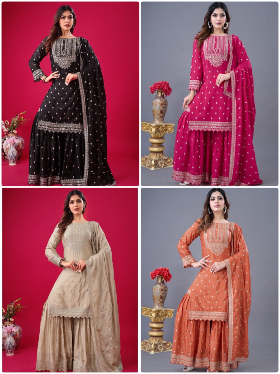 Designer Party Wear Chinon Silk Top, Sharara & Dupatta Set (ZF-5006)