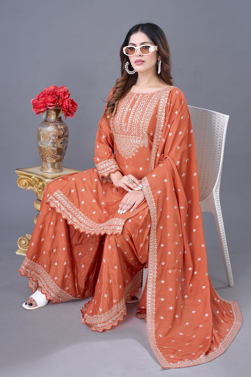 Designer Party Wear Chinon Silk Top, Sharara & Dupatta Set (ZF-5006)