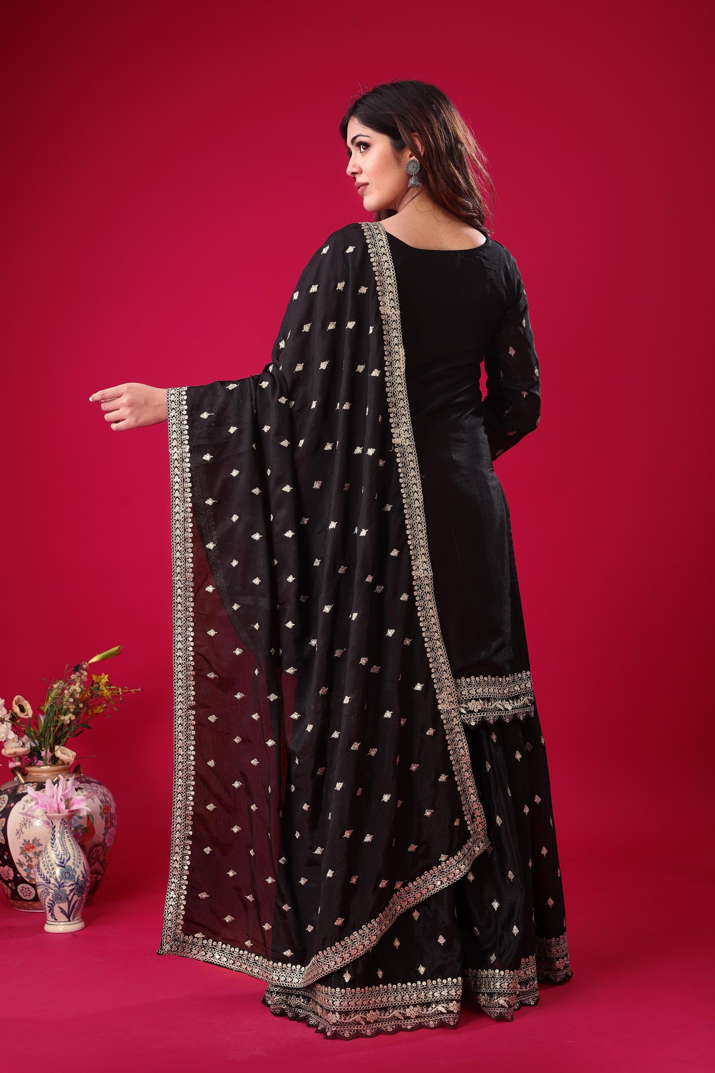 Designer Party Wear Chinon Silk Top, Sharara & Dupatta Set (ZF-5006)