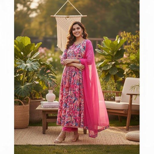 Multicoloured Printed Anarkali Gown Set with Dupatta (KK-39)