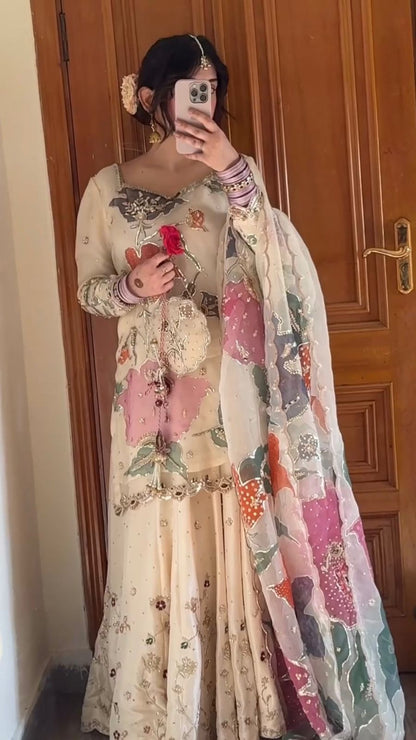 Designer chinon gharara suit with sequence embroidery and printed organza dupatta