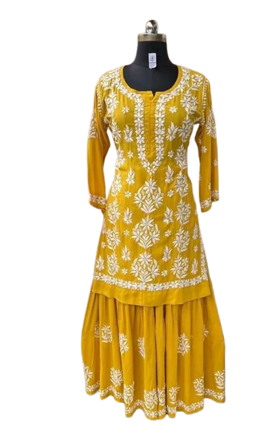 Designer Cotton Silk Kurti with Sharara Palazzo – Heavy Chikankari Style Festive Wear (MF 1104)
