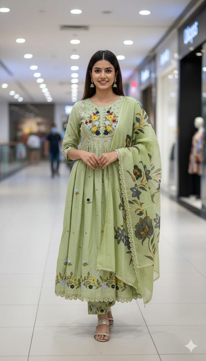 Heavy Cotton Kurti 3 pc Set | Comes with Embroidered Kurta Pant Dupatta